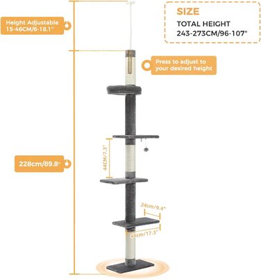 Комплекс для котів PAWZ Road, 5-ярусний, від підлоги до стелі, регульована висота, багатофункціональний: кігтеточка, ліжко, іграшка-кулька (сірий)