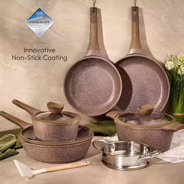 JUST PERFECTO Cookware Set & Frying Pan Set Induction - Frying Pan Set with Lid - Pots & Pans Sets - Pots and Pans Set without PTFE and PFOA - Aluminum Cookware Set with Non-Stick Coating 14 pcs marron beige