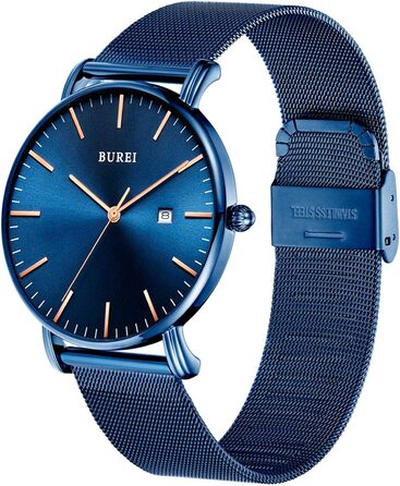 Годинник чоловічий BUREI Ultra тонкий аналоговий з датою, кварцовий механізм (Blue Sun Gold, нержавіюча сталь)