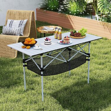 Складний кемпінговий стіл COSTWAY 119x55 см з алюмінієвою стільницею та сітчастою корзиною, до 100 кг, з сумкою для перенесення - для кемпінгу, саду (Срібний)