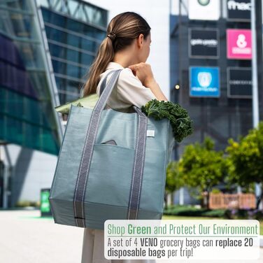 VENO 34 Liter Large Shopping Bag Foldable with Sturdy Bottom and Front Pocket, Reusable Shopping Bags Water-Resistant Tote Bag Shopping Basket for Shopping Picnic (Light Blue, 4-Pack)