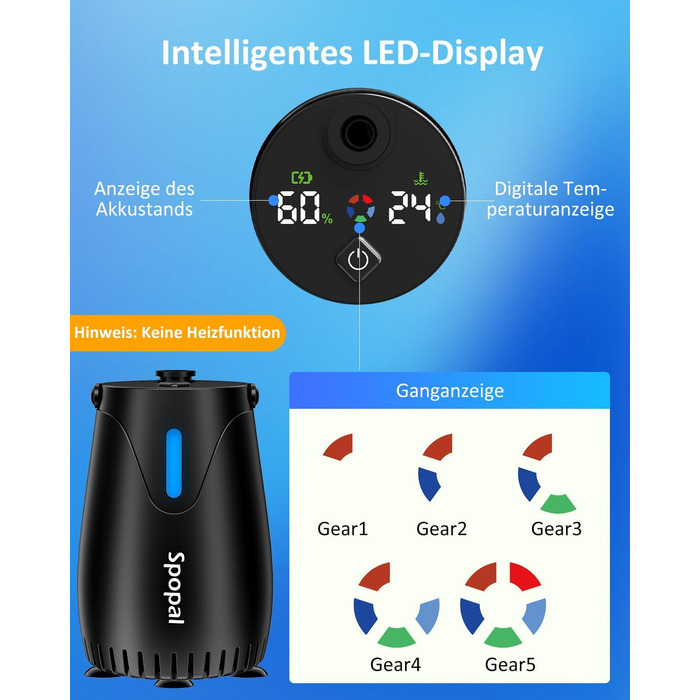 Camping душ Spopal з насосом 8000mAh, портативний, з вимірюванням температури, нічником, IPX8, для подорожей, поливу квітів, автомийки, миття тварин