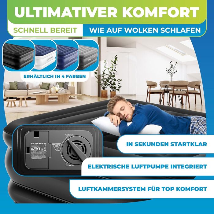 Надувна матрац KESSER® з вбудованим електричним насосом, самонадувна, для гостей, кемпінгу та дому. Матрац для 1 особи, 203 x 95 x 51 см, чорний