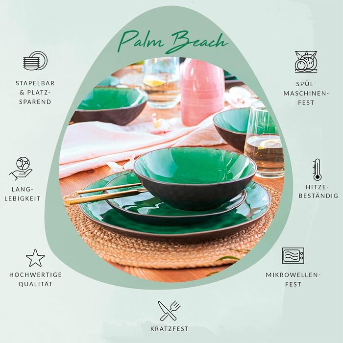 SÄNGER | Teller Set Palm Beach 12-Piece Set, Dinnerware Set for 4 People, Dinnerware Stoneware, Dinner Set including Dinner Plates, Dessert Plates & Deep Plates Green Black with Brown Gradient | PREMIUM COLLECTION Tableware Service 12 Pieces