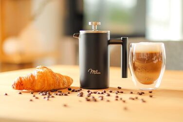 Milu French Press Coffee Maker | 350ml, 600ml, 1L | Stainless Steel Coffee Press, Coffee Maker for Home, Travel, Camping including Coaster, Spoon, Replacement Filters (Black, 1000ml (5 Cups) Black 1000ml (5 Cups)