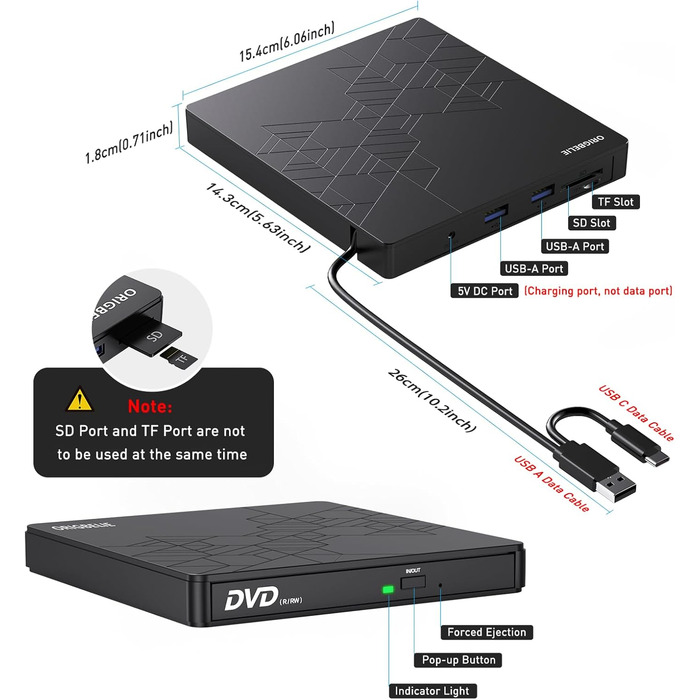 Зовнішній DVD-записувач ORIGBELIE 6 в 1, USB 3.0 CD/DVD ROM +/-RW привід для ноутбука, ПК, Mac OS, Windows 11/10/8/7, Linux