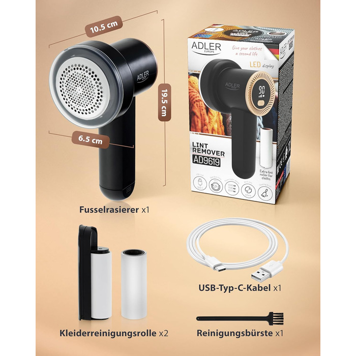 Машинка для видалення катишків Adler Europe: 6 лез, 3 швидкості, LED дисплей, USB зарядка, для одягу та тканин