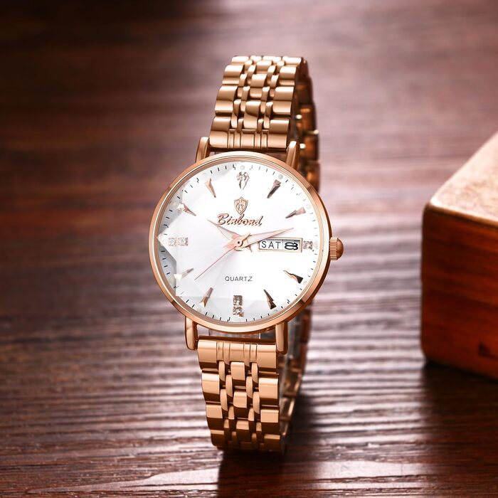 Жіночий годинник JewelryWe Rosegold: аналоговий кварцовий годинник зі сталевим браслетом, водонепроникність 30м, календар, підсвічування стрілок та гранійним склом (Рожеве золото - Білий)