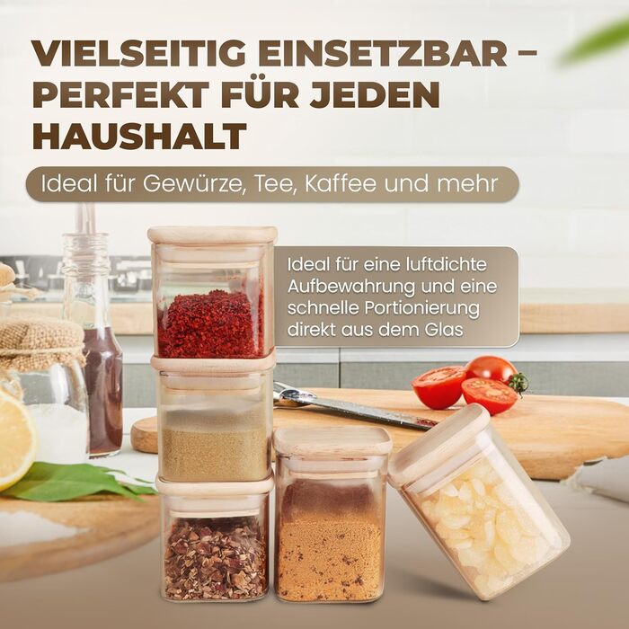 Stackable Spice Jars Set 150 ml Square - 12 Pieces - Airtight Glass Storage Containers - Bamboo Wood Lids - with Labels & Chalk Pen - Spice Storage, Kitchen Organization, Storage Jar
