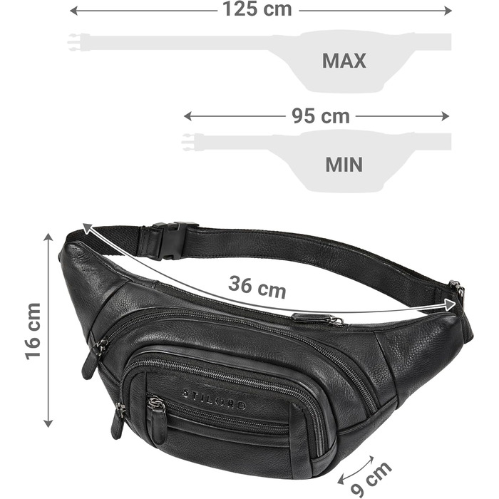 STILORD 'Dublin' Чоловіча поясна сумка з екошкіри великого розміру з багатьма відділеннями, водовідштовхуюча, захист від крадіжки. Чоловіча сумка на пояс XXL з екошкіри для подорожей, фестивалів, піших прогулянок, чорного кольору.