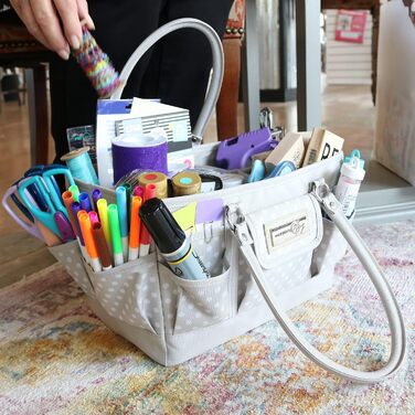 Everything Mary Blaugruner, geometric deluxe store and tote bag, organizer for crafts, sewing, paper, art, desk, canvas, accessories, storage with handles for travel (Light Brown Spotted)
