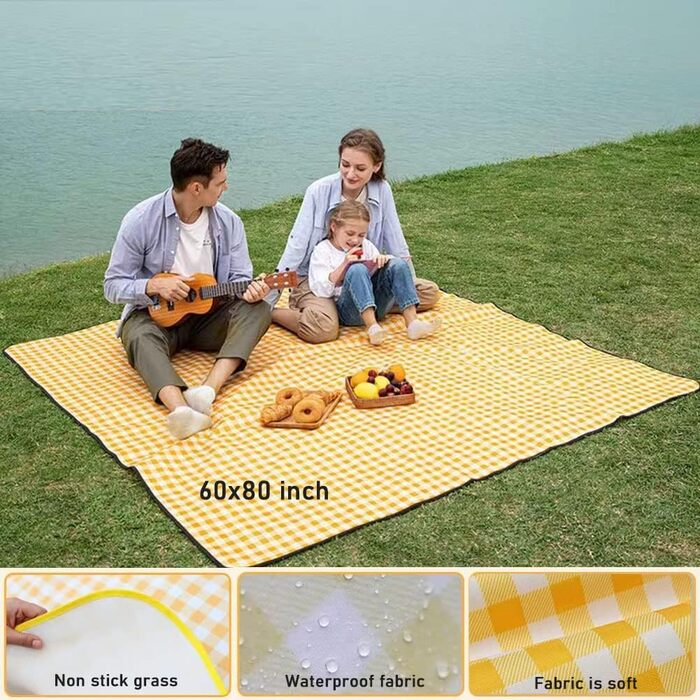 Великий пляжний рушник RUIBOLU для пікніка на 2-4 особи, водонепроникний, швидковисихаючий, для подорожей, кемпінгу, пляжу, парку (темно-синій в клітинку)