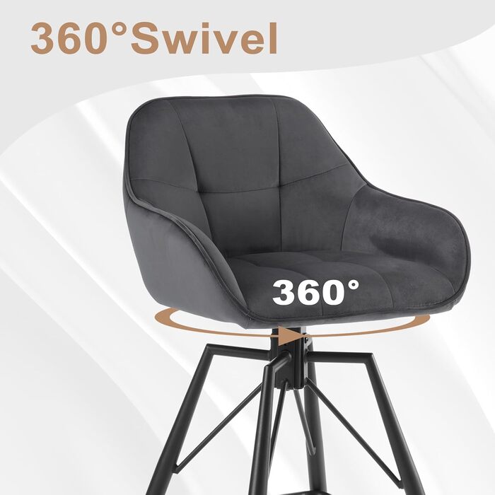 WOLTU 2-Piece Bar Stool Set - Swivel Barstools with Backrest & Footrest - Velvet Upholstered Metal Bar Chairs - Dark Grey