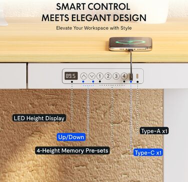 FLEXISPOT Electric Standing Desk with LED Display, Memory Function, USB Port & Drawer - 120x60cm Natural Oak