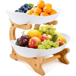 Керамічна фруктова тарілка-етажерка на 2 яруси MEESOGA з бамбуковою підставкою для кухні | Фрукти, овочі, снеки