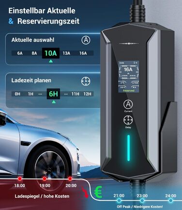 Кабель для зарядки електромобілів Schuko 3,7kW, 7м, 6-16A, 1-фазний, IP65, з LCD-дисплеєм, регульована потужність, таймер, для електромобілів та PHEV