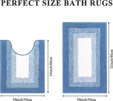 Enyhom Super Soft Microfiber Bath Rugs - Non-Slip, Absorbent, Machine Washable Bath Mats (50x80 + 50x60 cm, Blue)