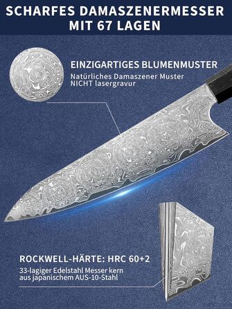 Японський ніж кухарський з дамаської сталі Plys: професійний ніж шеф-кухаря з чорним дерев'яним руків'ям