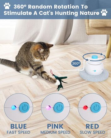 Cat Toy Self-Entertainment, 3 IN 1 Interactive Feather Toy for Cats with 360 Degree Automatic Rotating, USB Rechargeable Complete Set Cat Accessories Electric (Light Blue)