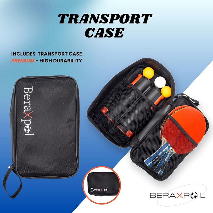 BERAXPOL Набір для настільного тенісу преміум-класу, портативний, з висувною сіткою | 3 м'ячі | Сумка для перенесення | Сімейний відпочинок | Подарунок