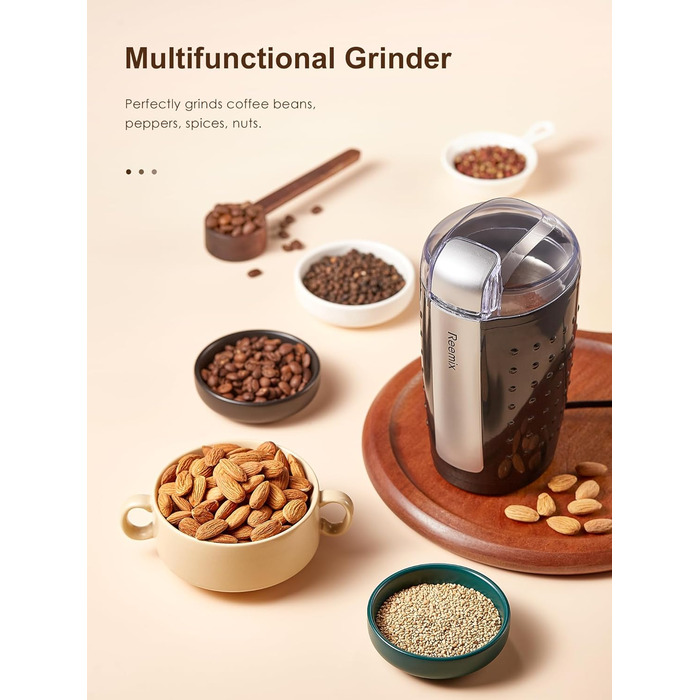 Електрична кавомолка Reemix, 100г, 2-в-1 (кава та спеції), з нержавіючої сталі, тиха, з щіткою та ложкою, чорна