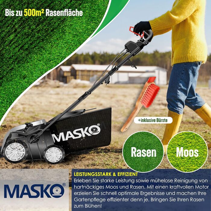 MASKO® Електричний аератор-скарифікатор 2в1 для газону, 1800 Вт, 40 см, 55 л, регулювання глибини, лоток, щітка, рукавички