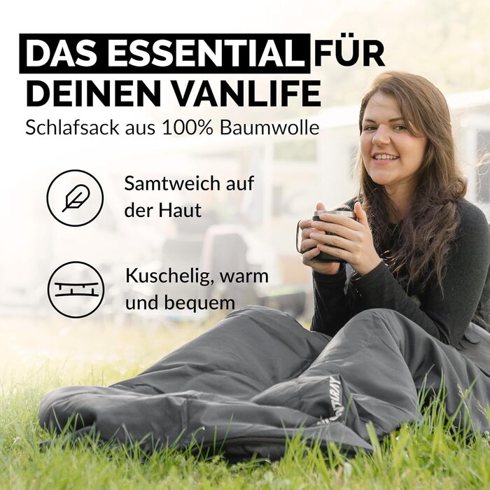 MONTARAY® 100% Cotton Sleeping Bag - Warm Outdoor Winter & Summer Sleeping Bag for 3-4 Seasons - Includes Pillow - Hut Sleeping Bag for Men & Women (75x190cm) - Grey