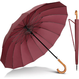 NINEMAX Large Windproof Umbrella - Wooden Handle Walking Umbrella for Men & Women - 16 Ribs Automatic Open - Burgundy
