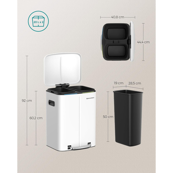 SONGMICS Відро для сміття 40 л з 2 відсіками (2 x 20 л), з педаллю, з металу, з пластиковим внутрішнім відром, з кришкою та ручками, Softclose, герметичне, біле LTB40WT