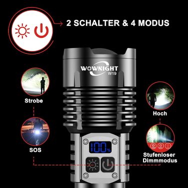 LED ліхтарик на акумуляторі 500000 люмен, 2 режими, USB-C, тактичний, потужний, регулювання яскравості, налобний, для активного відпочинку та надзвичайних ситуацій, Obsidianschwarz