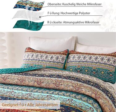 WONGS BEDDING Bedspread 220x240 Bed Cover Bohemian Quilt Steppdecke 3-Piece Double Bed Quilted Bedspread Microfiber Throw Blanket with 2 Pillowcases 50x70 for Bedroom as Sofa Cover (Bohemian) (200x220 cm, Brown Green)