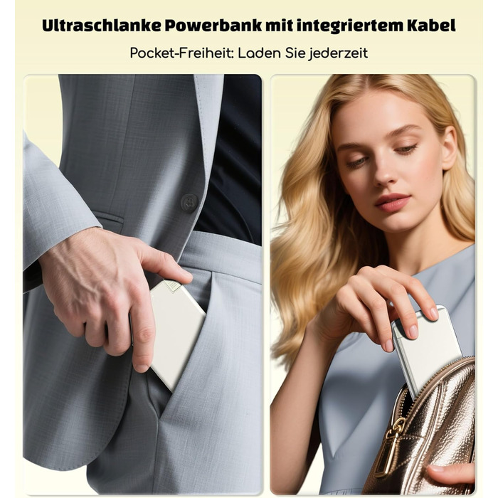 Power Bank Auskang 5000mAh Slim з кабелем для iPhone (сумісний з iPhone 14 та попередніми моделями) - тонкий, легкий, портативний зовнішній акумулятор (білий)