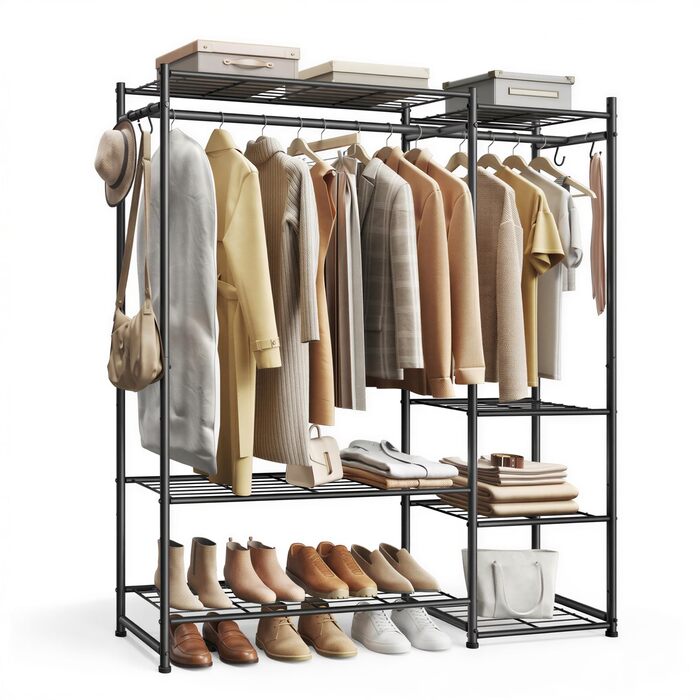 SONGMICS Стійка для одягу, відкритий шафа, вішалка для одягу з 10 полицями, 3 перекладинами, 4 гачками, металевий каркас, для спальні, вітальні, передпокою, чорний LGR011BZ01 (124,8B см)