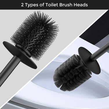 Щітка для унітазу WAVEWO з кріпленням на стіну, силіконова щітка та тримач, квадратна щітка з нержавіючої сталі 304, включає 2 насадки (круглі чорні)