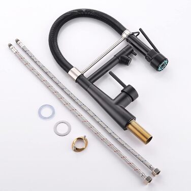 Чорний кухонний змішувач з висувною лійкою, поворотний на 360°, з витяжною насадкою для душу, для високого тиску, чорний, Küchenarmatur Negro