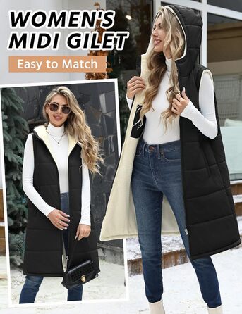 Жіноча довга жилетка Vancavoo з капюшоном на осінь/зиму: степкова, без рукавів, з флісовою підкладкою, тепла, чорна, розмір L