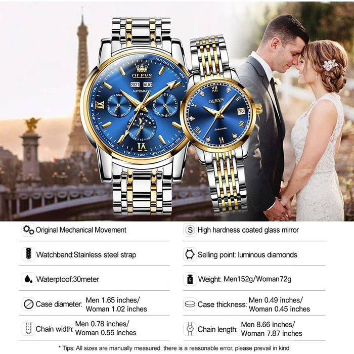 Набір механічних автоматичних годинників для пари OLEVS з календарем та фазами місяця, двоколірні (синій колір, Tourbillon)