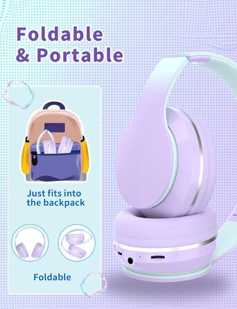 Xunpuls Бездротові навушники для дітей Bluetooth Over-Ear з мікрофоном (фіолетові)