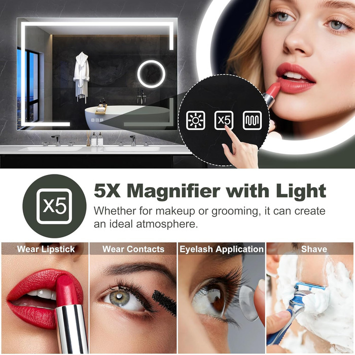 Дзеркало для ванної кімнати S'bagno з підсвічуванням 100x70 см, 5x збільшення, LED, алюмінієва рама, протитуманне покриття, 3 кольори, диммування, пам'ять, HD скло, IP44, без Bluetooth