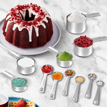 Measuring cup and spoon set, stainless steel measuring cups, measuring spoons with easy-to-read markings, ideal kitchen aids for cooking and baking, 13 pieces