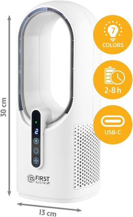 Вентилятор настільний First Austria з акумулятором 2500mAh, USB зарядка, сенсорний дисплей, білий