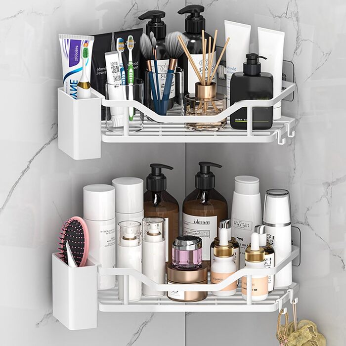 Поличка для душу без свердління, кутова, 2 шт., органайзер для ванної кімнати з 4 гачками, чорна. (B-weiß)