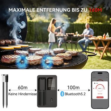 Бездротовий термометр для м'яса BFOUR з 2 зондами, Bluetooth, LCD-дисплей, керування через додаток, цифровий термометр для приготування на грилі, в духовці, диморі, BF-40 PRO чорний