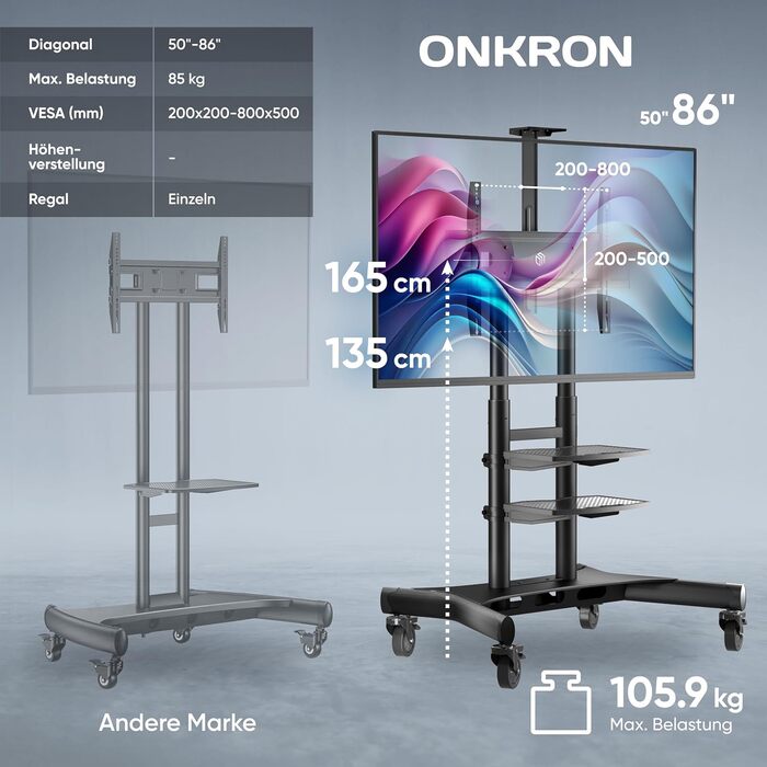 ONKRON Телевізійна стійка на коліщатках для телевізорів 50-86 дюймів, вантажопідйомність до 105 кг, регульована по висоті, VESA 800x500, чорна TS1881-B