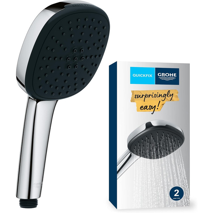 Душова лійка GROHE Vitalio 110 з гнучкою голкою, 14 л/хв (ручна лійка з 2 режимами, універсальне підключення, силіконове кільце захищає від падіння, душова лійка з голкою 1,5 м), квадратна, хром, 26973001 (ручна лійка)