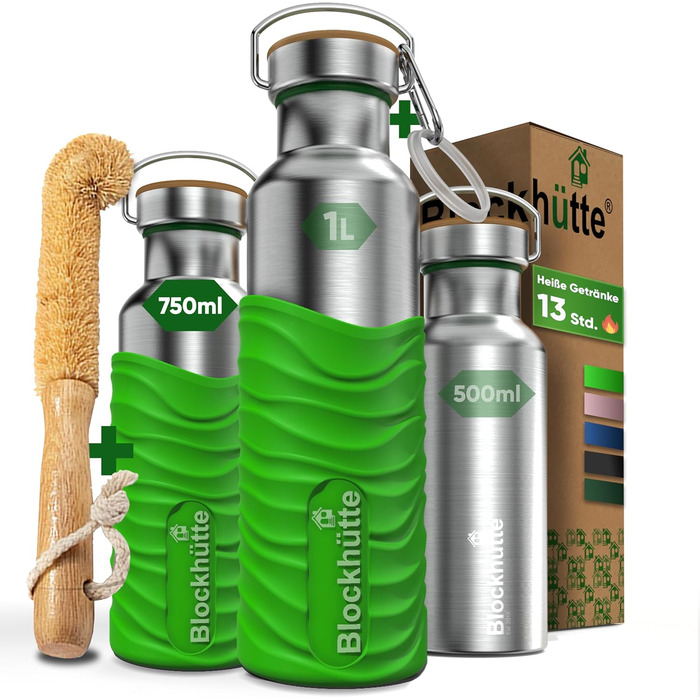 Log Cabin Personalized Stainless Steel Water Bottle 1L - Leak-Proof Water Bottle for Kids, Adults, BPA-Free, Carbonated Drink Compatible, Thermos Bottle for School, Outdoor Use, Engraving with Name (750 ml, Gift Green)