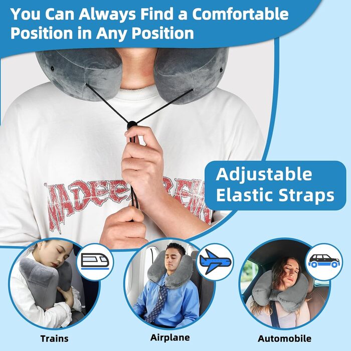 Подушка для шиї в літак надувна, подушка-літачок, подушка для дорослих з підголовником, капелюх, сумка, маска для сну, навушники для подорожей, авто, офіс (сіра)