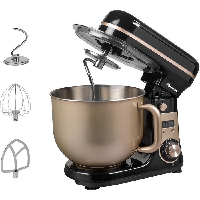 Кухонна машина Bestron Super Silent (65db) з DC-двигуном, 6 літрів, з набором насадок (міксер, гак для тіста, вінчик), 6 швидкостей + Pulse, колір: бежевий