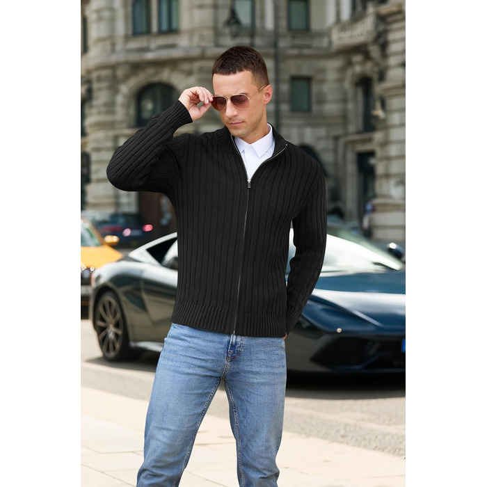 Чоловічий в'язаний кардиган NITAGUT з капюшоном, теплий, з блискавкою, в'язаний пуловер, вінтажний, в'язаний, чорний (M)