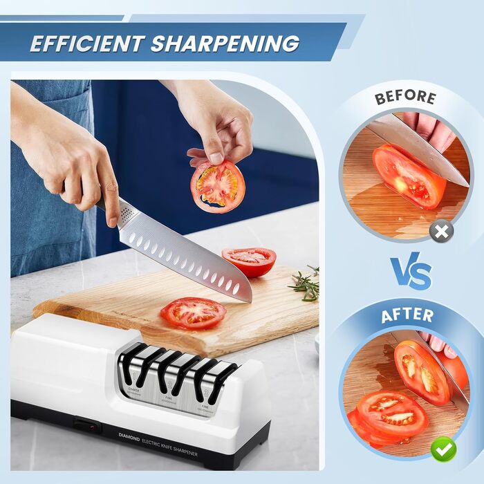Електричний точило для ножів професійний 3-х ступінчастий з захистом від перегріву, тихий мотор, швидке заточування кухонних ножів (білий)